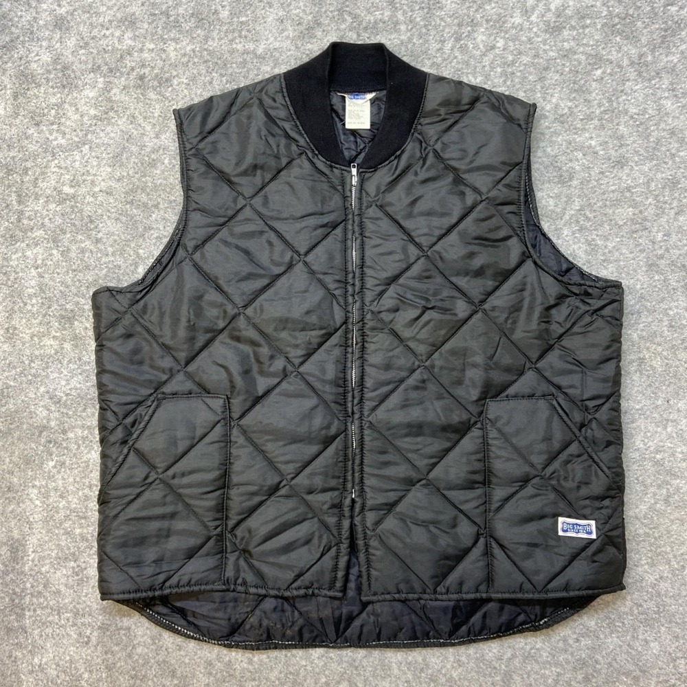 Vintage Big Smith Black Puffer Diamond Quilt Trucker Vest Full Zip Men's Sz 2XL